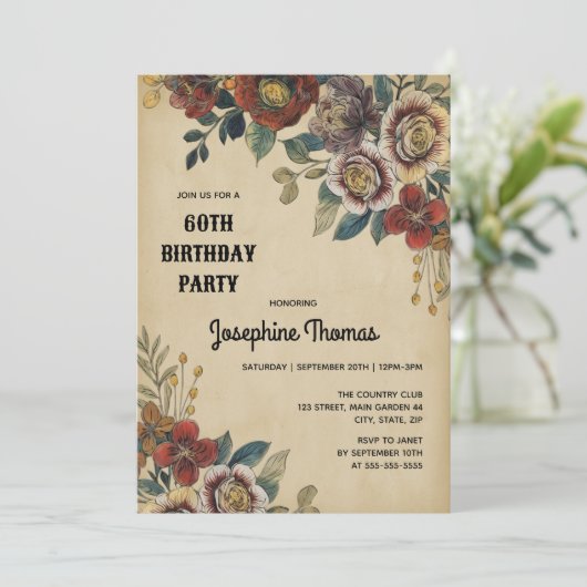 Invitation Anniversaire Fleur Vintage (Debout devant)
