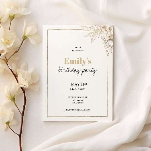 Invitation Anniversaire fleuri élégant en or blanc de luxe