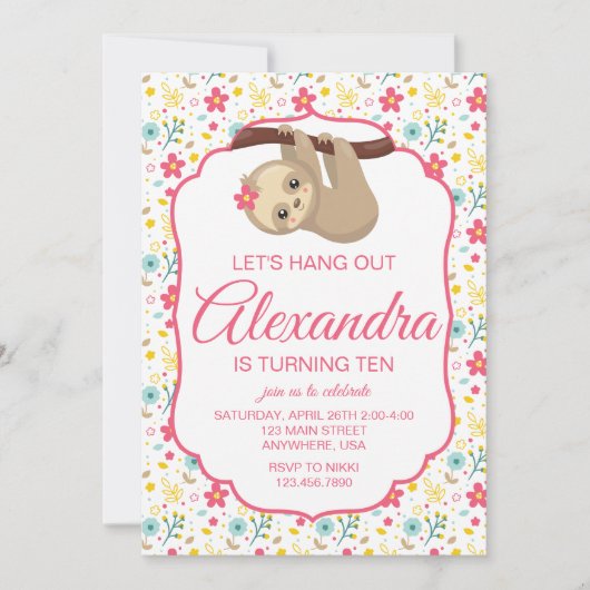 Invitation Anniversaire fleuri Sloth (Devant)