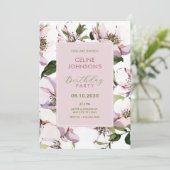 Invitation Anniversaire fleuri vert pourpre (Debout devant)