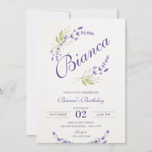 Invitation Anniversaire fleuri violet Lavande (Devant)