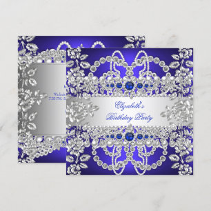 Invitation Anniversaire Fleurie Argent Diamants Bleu Royal Él