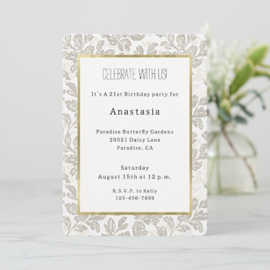 Invitation Anniversaire Fleurie Crème Blanche Chic (Debout devant)