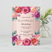 Invitation Anniversaire fleurie rose or rousse rose élégant (Debout devant)