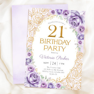 Invitation Anniversaire Fleuris 21 Ans Lilas Violet Or