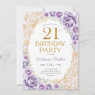 Invitation Anniversaire Fleuris 21 Ans Lilas Violet Or