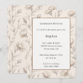 Invitation Anniversaire Fleurs Esquissées Crème (Devant / Derrière)
