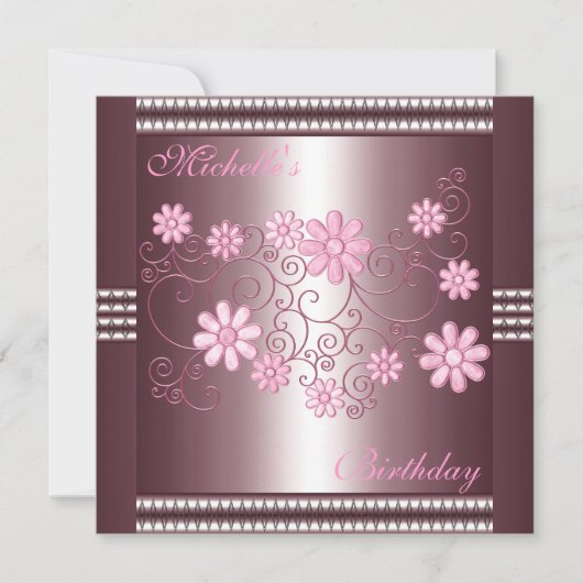 Invitation Anniversaire Fleurs Roses (Devant)