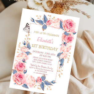 Invitation Anniversaire Fleurs Roses Papillon Rayé