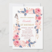 Invitation Anniversaire Fleurs Roses Papillon Rayé (Devant)