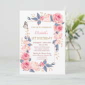Invitation Anniversaire Fleurs Roses Papillon Rayé (Debout devant)