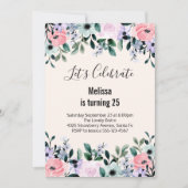 Invitation Anniversaire floral aquarelle rose violet vert (Devant)