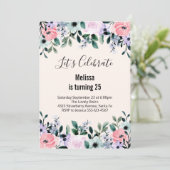 Invitation Anniversaire floral aquarelle rose violet vert (Debout devant)