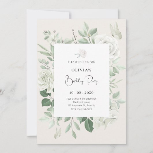 Invitation Anniversaire floral aux roses blanches (Devant)