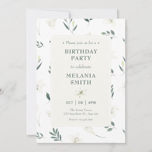 Invitation Anniversaire floral blanc (Devant)