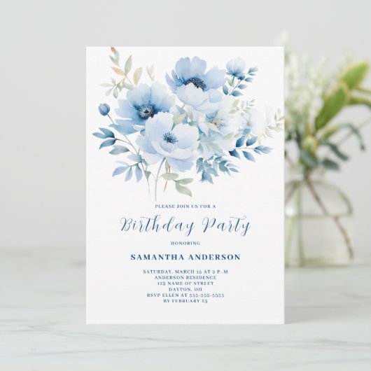 Invitation Anniversaire Floral Bleu (Debout devant)
