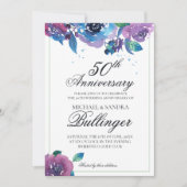 Invitation Anniversaire floral bleu foncé violet (Devant)