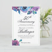 Invitation Anniversaire floral bleu foncé violet (Debout devant)