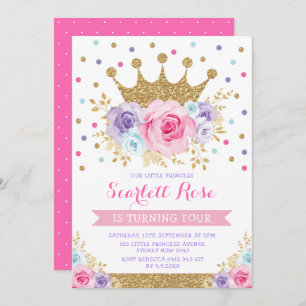 Invitation Anniversaire floral bleu pourpre rose de princesse
