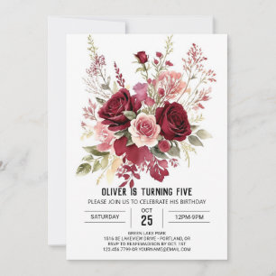 Invitation Anniversaire floral bordeaux simple enchanté