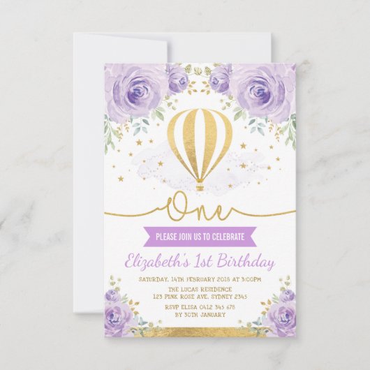 Invitation Anniversaire floral chaud d'or pourpre de ballon à (Devant)