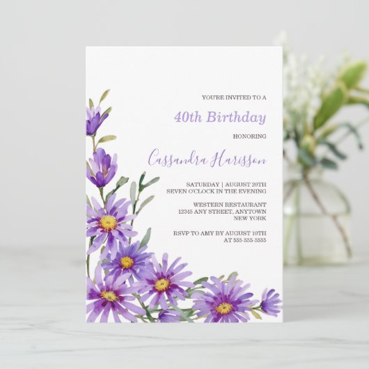 Invitation Anniversaire floral chic pourpre Aster (Debout devant)