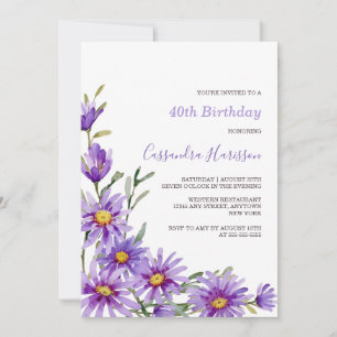 Invitation Anniversaire floral chic pourpre Aster