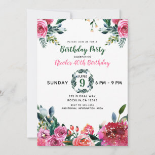 Invitation Anniversaire Floral Chic Vintage Aquarelle Rose Ve