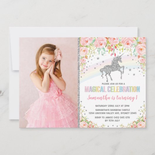 Invitation Anniversaire floral d'arc-en-ciel de rose argenté (Devant)