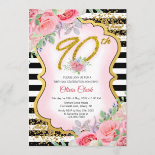 Invitation Anniversaire floral de confettis noirs et blancs