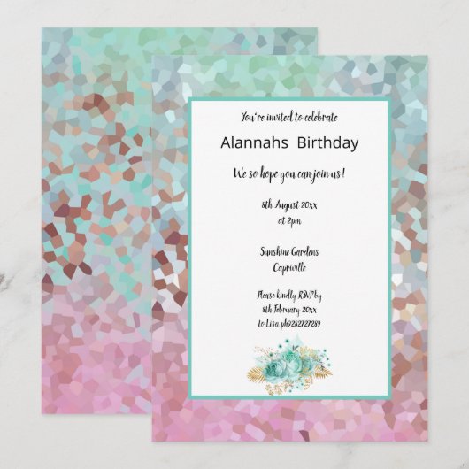 Invitation Anniversaire floral de Dream Aqua Pixellée (Devant / Derrière)