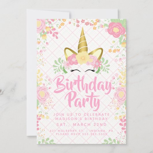 Invitation Anniversaire Floral de la licorne rose douce (Devant)