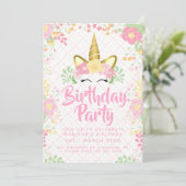Invitation Anniversaire Floral de la licorne rose douce (Debout devant)