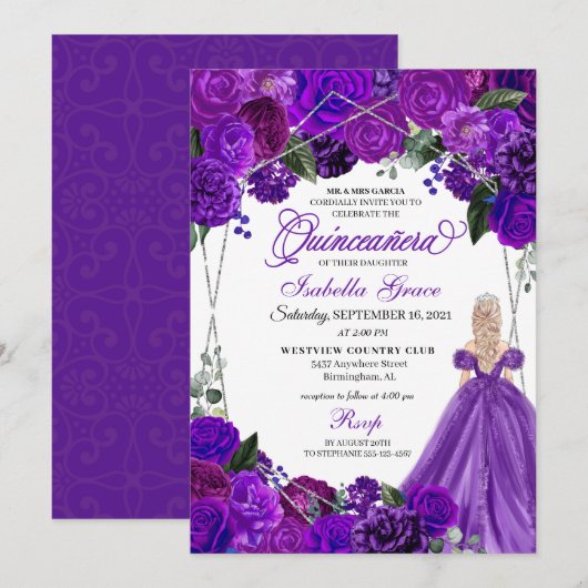 Invitation Anniversaire floral de Quinceanera violet élégant (Devant / Derrière)