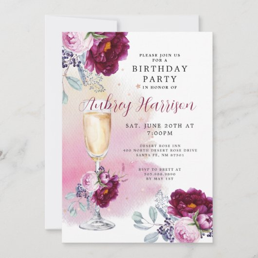 Invitation Anniversaire Floral de verre de Champagne (Devant)