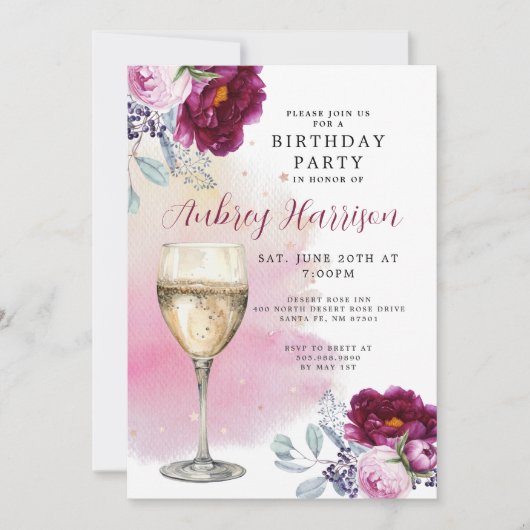 Invitation Anniversaire Floral de verre de Champagne (Devant)