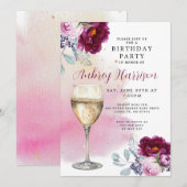 Invitation Anniversaire Floral de verre de Champagne (Devant / Derrière)