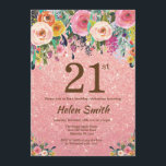 Invitation Anniversaire floral d'or de rose rose de parties<br><div class="desc">Invitation florale d'anniversaire d'or de rose rose de parties scintillantes 21ème pour des femmes. Fleur florale d'aquarelle. Arrière - plan rose de parties scintillantes de rose d'or. Fleur rose, jaune, orange, pourpre. Anniversaire adulte. 13ème 15ème 16ème 18ème 20ème 21ème 30ème quarantième cinquantième soixantième soixante-dixième quatre-vingtième quatre-vingt-dixième 100th, tous âges. Pour...</div>