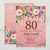 Invitation Anniversaire floral d'or de rose rose de parties (Devant / Derrière)