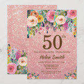 Invitation Anniversaire floral d'or de rose rose de parties (Devant / Derrière)