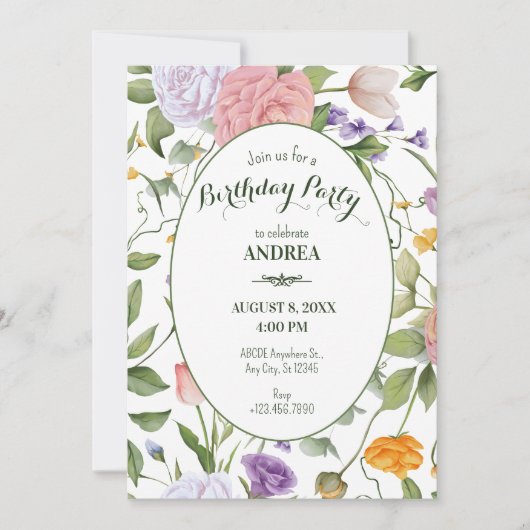 Invitation Anniversaire floral doux (Devant)