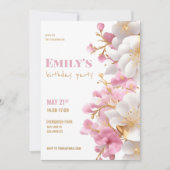 Invitation Anniversaire floral élégant rose or blanc glam (Devant)