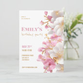 Invitation Anniversaire floral élégant rose or blanc glam (Debout devant)