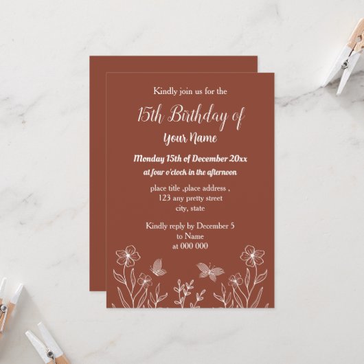 Invitation Anniversaire floral en terre cuite simple (Devant/Arrière en situation)