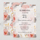 Invitation Anniversaire floral gris de corail (Devant / Derrière)