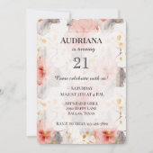 Invitation Anniversaire floral gris de corail (Devant)