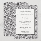 Invitation Anniversaire Floral Noir Blanc (Devant / Derrière)