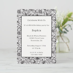 Invitation Anniversaire Floral Noir Blanc