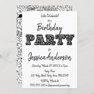 Invitation Anniversaire floral noir de rose blanc
