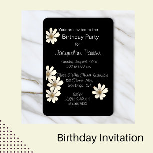 Invitation Anniversaire floral noir et blanc